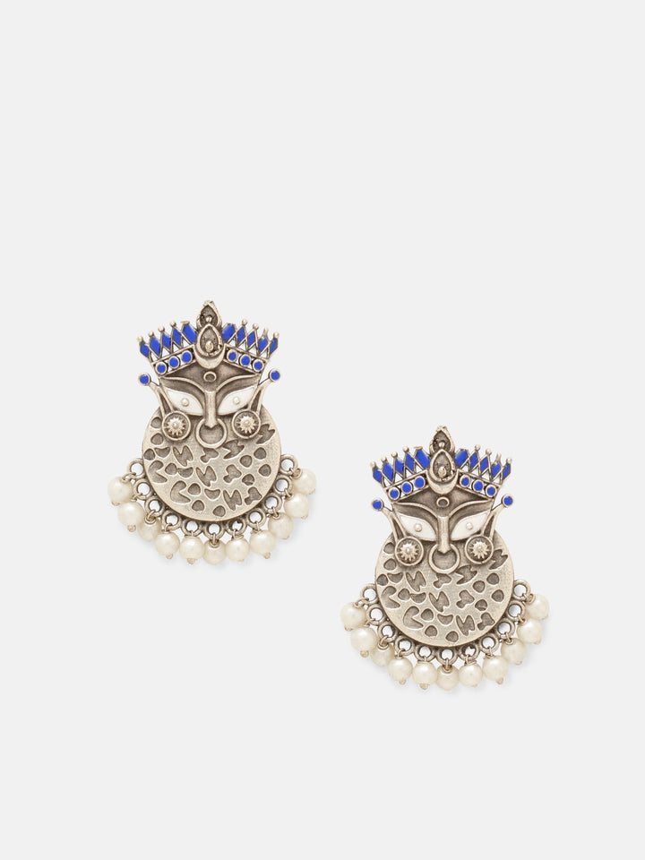 Priyaasi Silver Plated Blue Oxidized Meenakari Chandbali Earrings