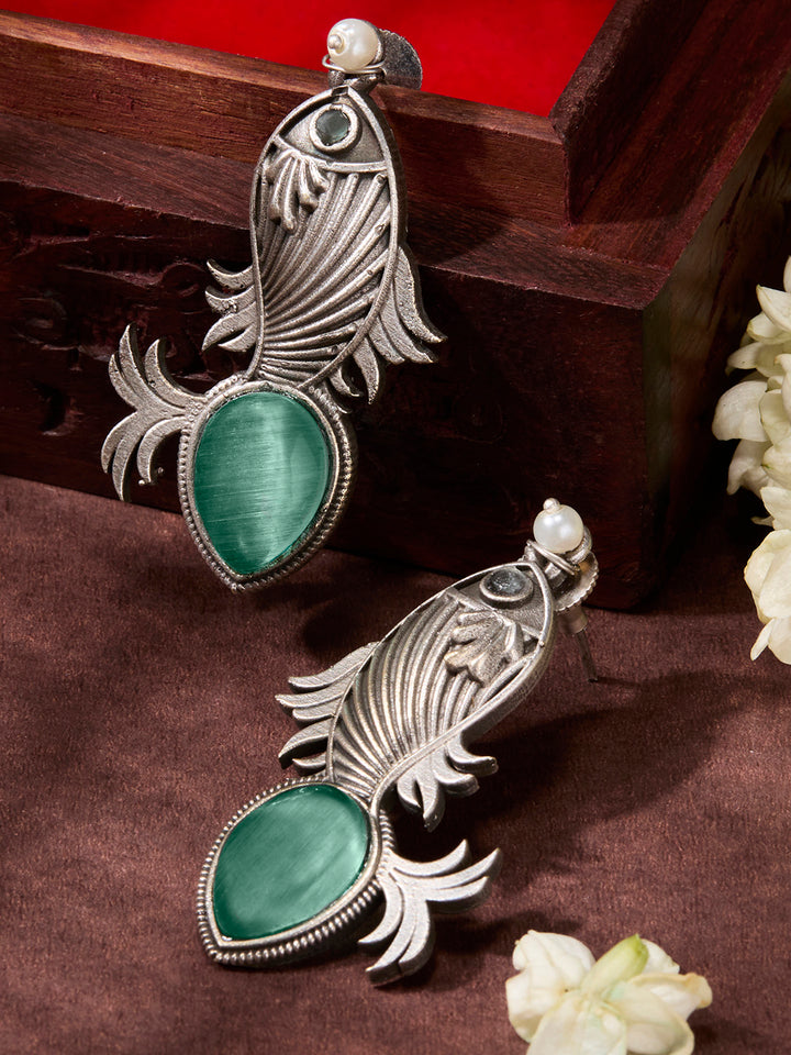 Priyaasi Silver Plated Green Oxidized Fish Shaped Green Onyx Drop Earrings