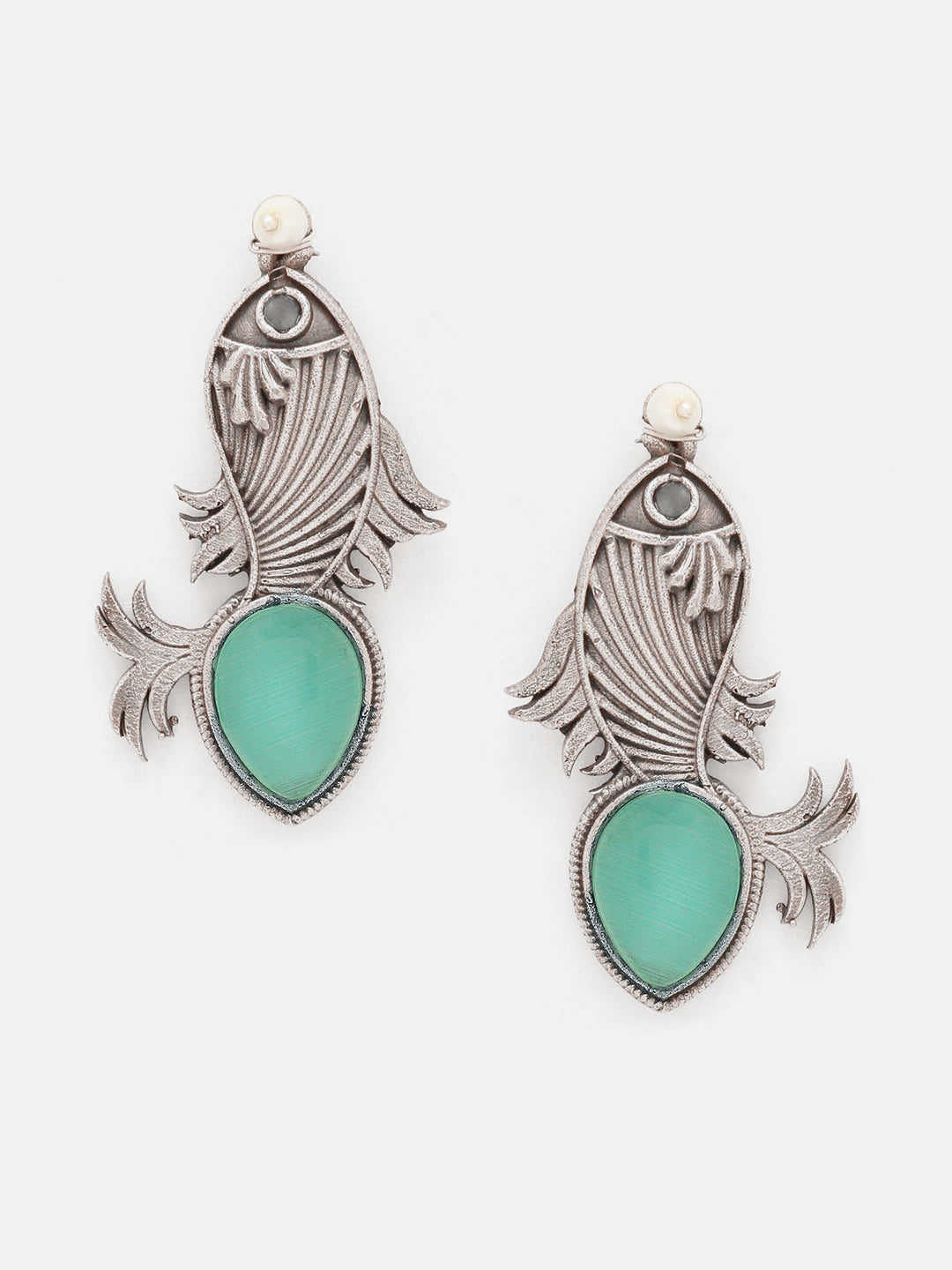 Priyaasi Silver Plated Green Oxidized Fish Shaped Green Onyx Drop Earrings