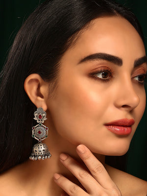 Priyaasi Silver Plated Red Oxidized Kemp Jhumka Earrings