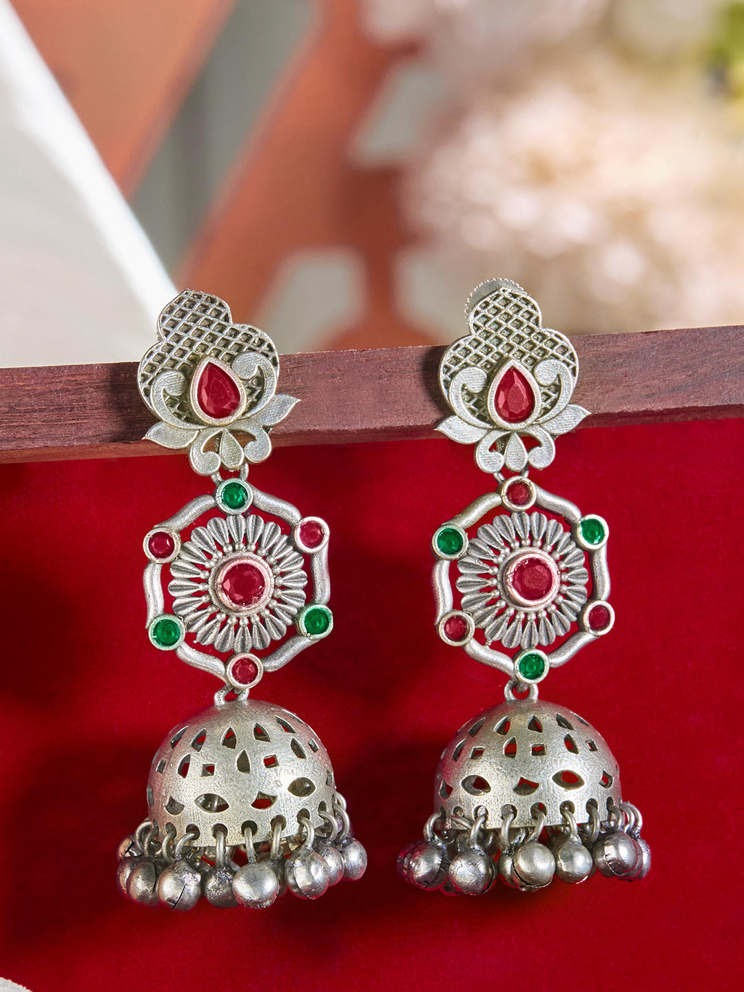 Priyaasi Silver Plated Red Oxidized Kemp Jhumka Earrings