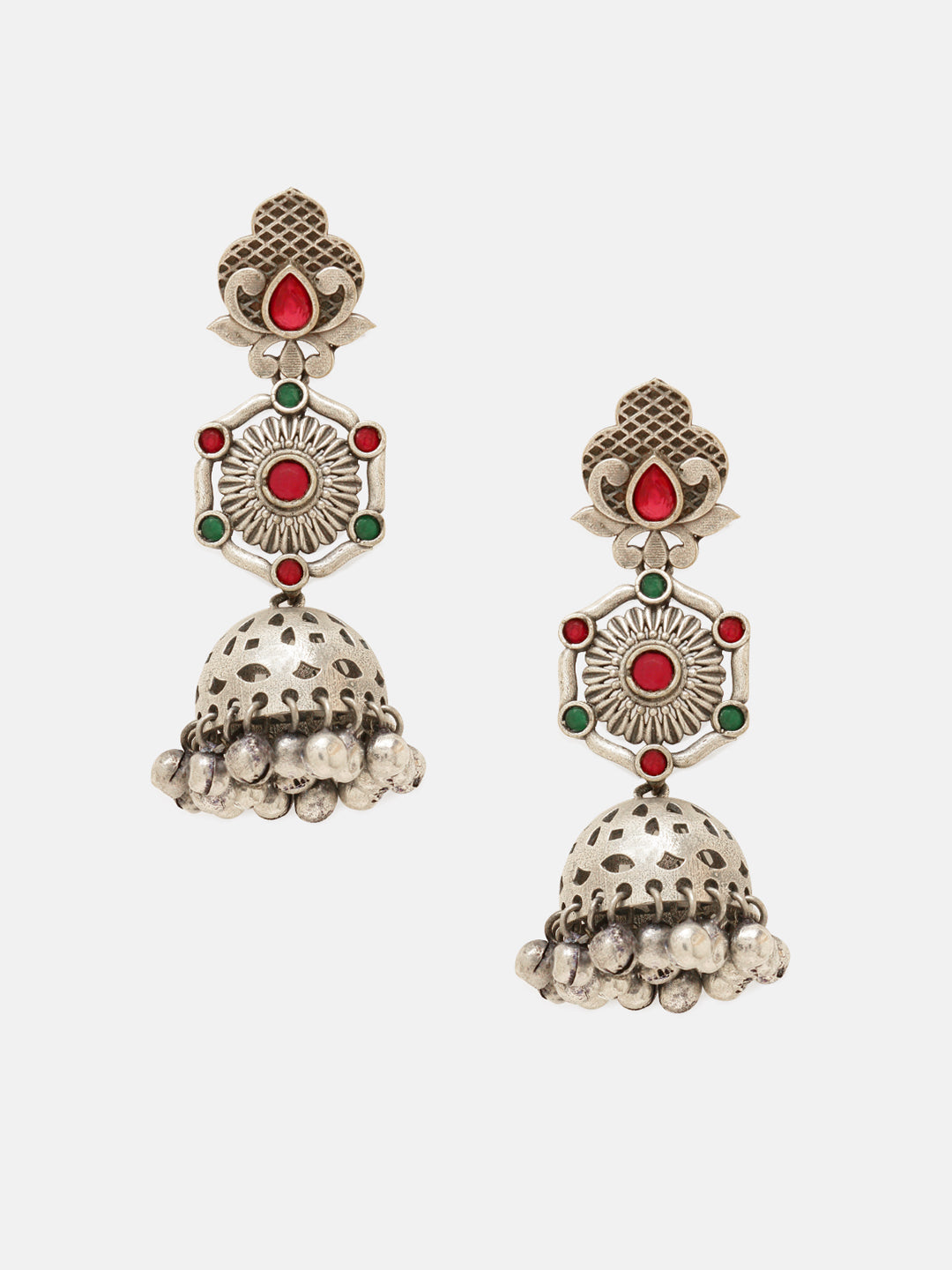 Priyaasi Silver Plated Red Oxidized Kemp Jhumka Earrings