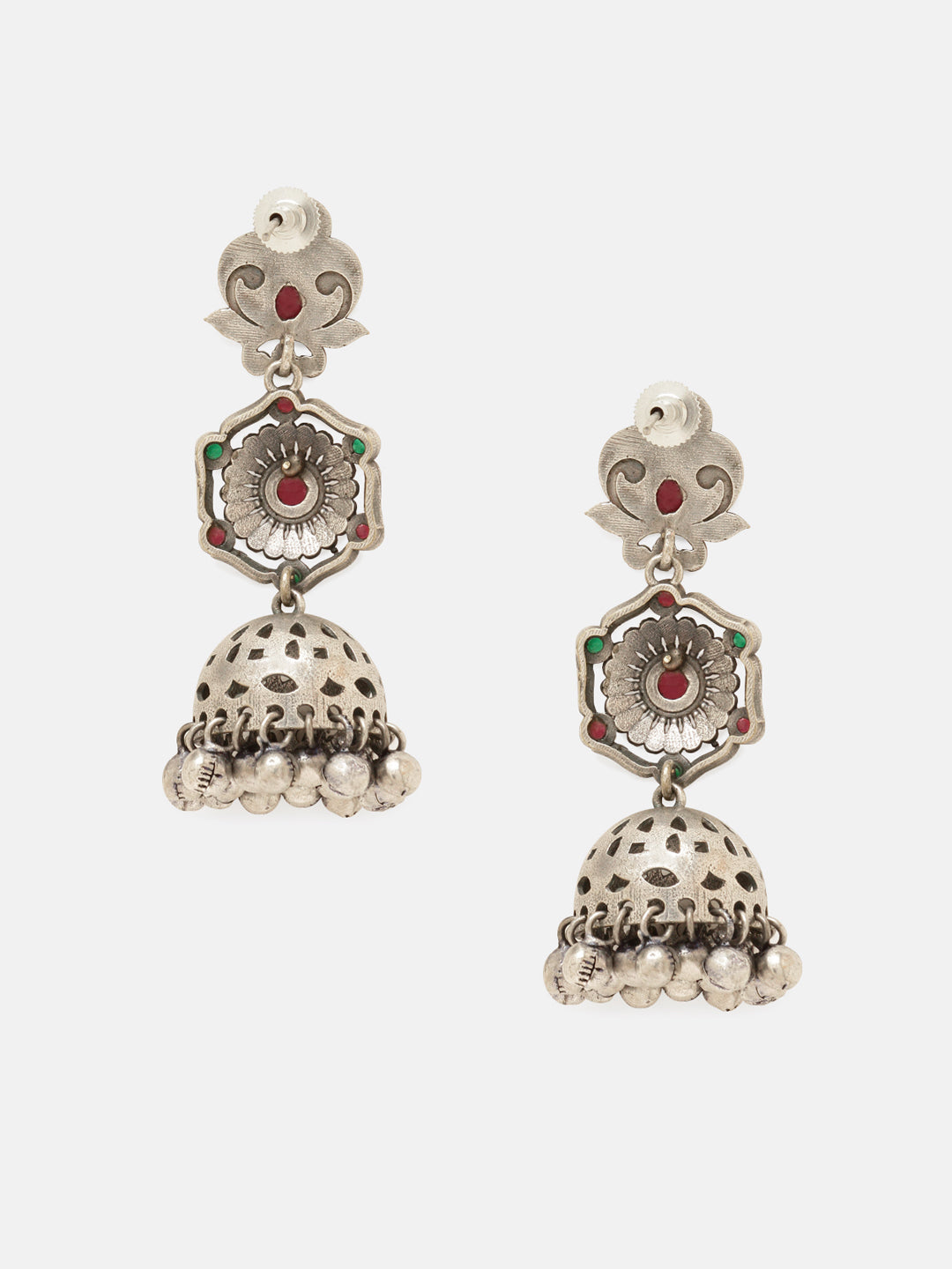 Priyaasi Silver Plated Red Oxidized Kemp Jhumka Earrings