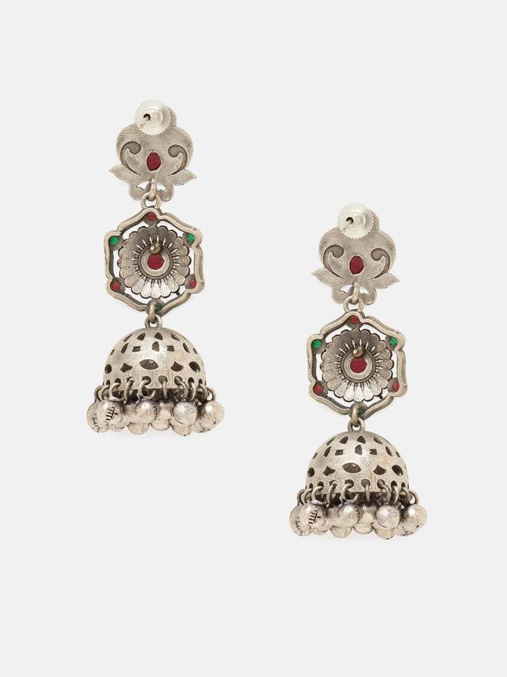 Priyaasi Silver Plated Red Oxidized Kemp Jhumka Earrings