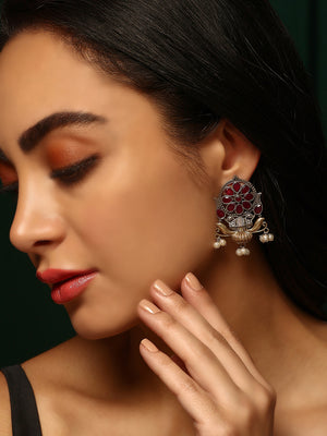 Priyaasi Silver Plated Red Ruby Oxidized Floral Drop Earrings