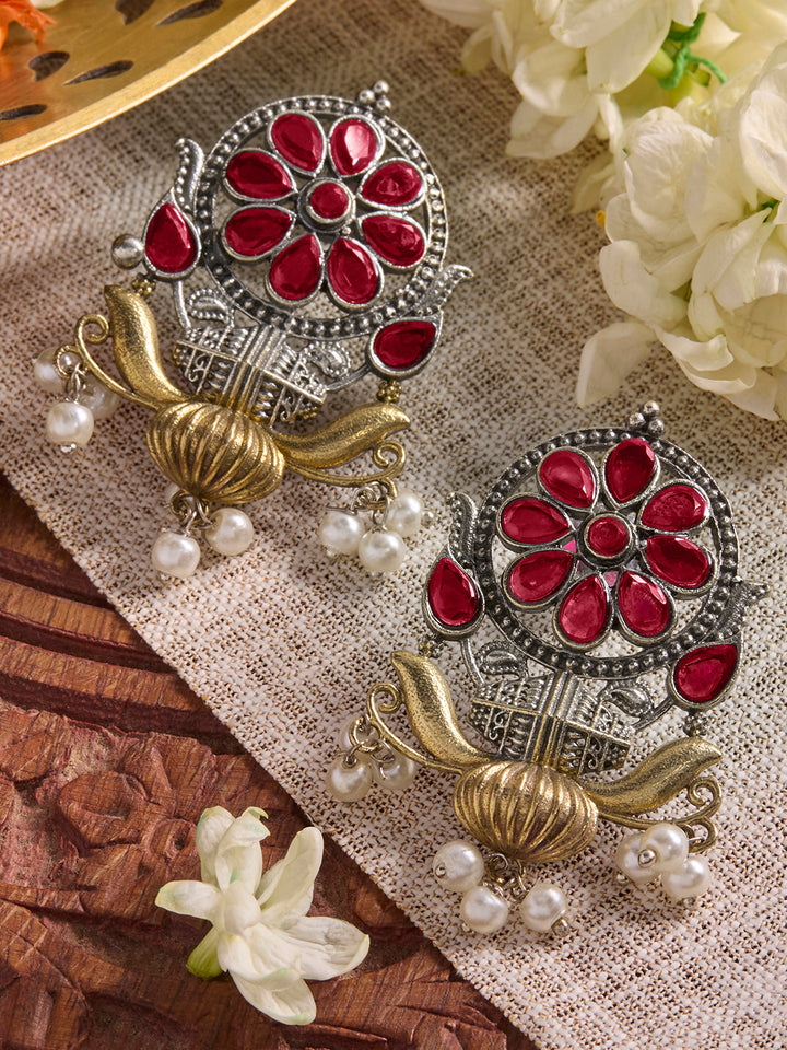 Priyaasi Silver Plated Red Ruby Oxidized Floral Drop Earrings