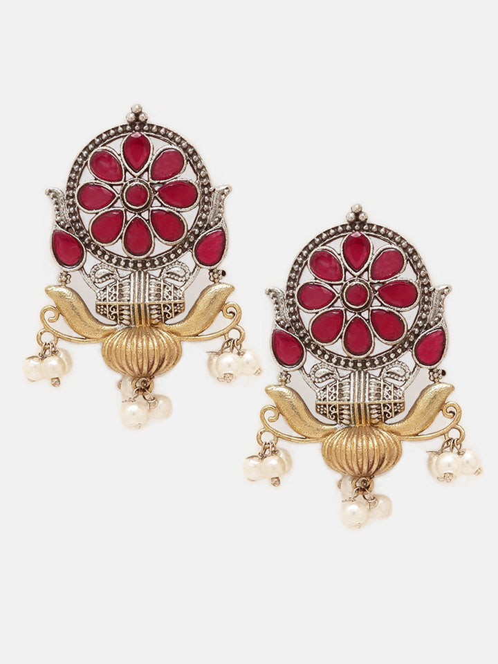 Priyaasi Silver Plated Red Ruby Oxidized Floral Drop Earrings