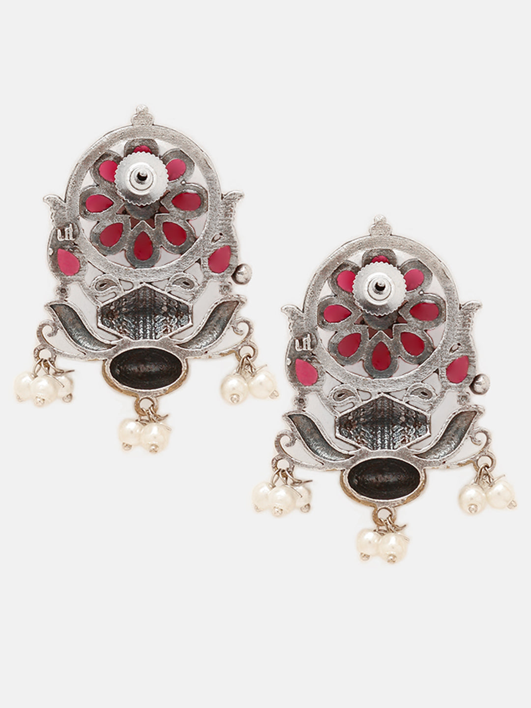 Priyaasi Silver Plated Red Ruby Oxidized Floral Drop Earrings