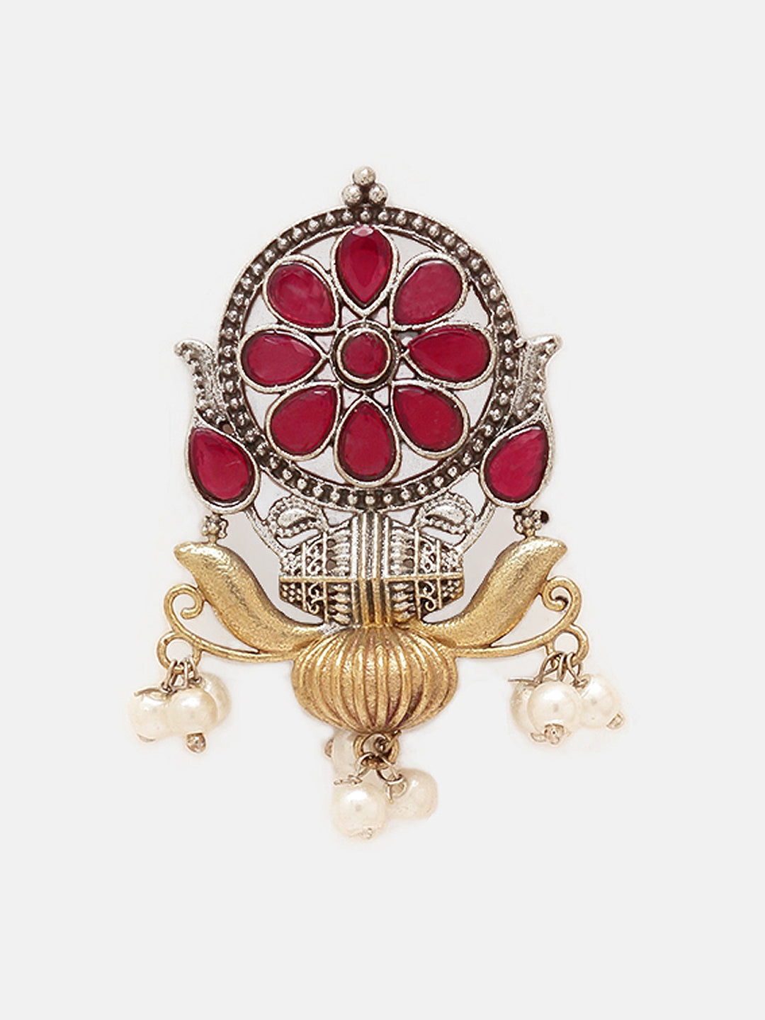 Priyaasi Silver Plated Red Ruby Oxidized Floral Drop Earrings