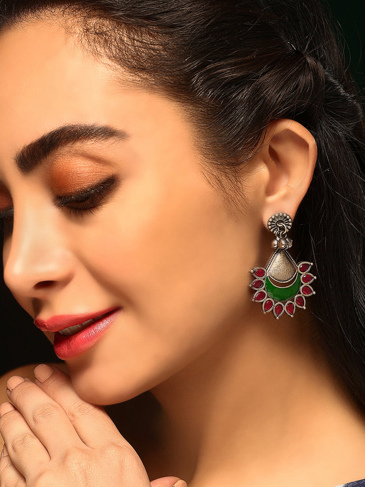 Priyaasi Silver Plated Red Green Oxidized Drop Earrings