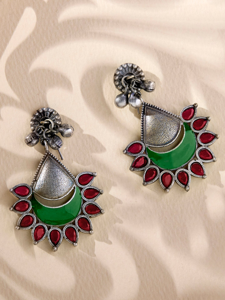 Priyaasi Silver Plated Red Green Oxidized Drop Earrings