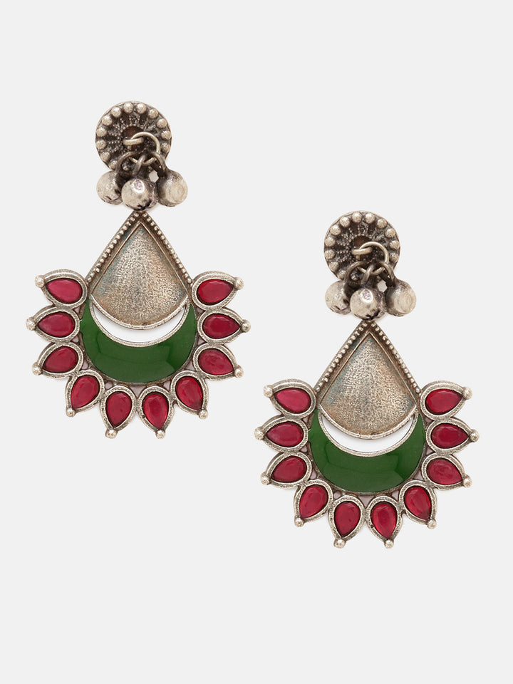 Priyaasi Silver Plated Red Green Oxidized Drop Earrings