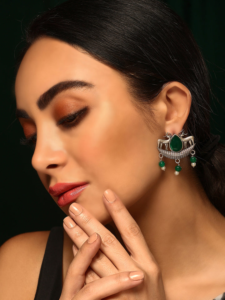 Priyaasi Silver Plated Green Emarld Oxidized Chandbali Earrings