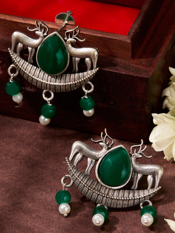 Priyaasi Silver Plated Green Emarld Oxidized Chandbali Earrings