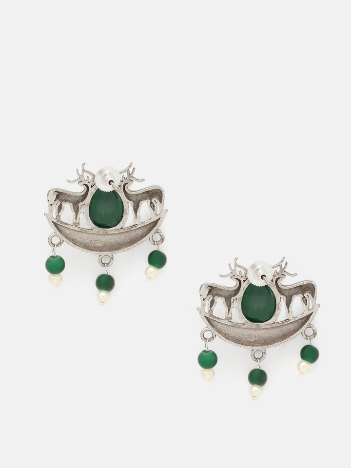 Priyaasi Silver Plated Green Emarld Oxidized Chandbali Earrings