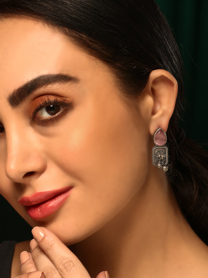 Priyaasi Silver Plated Pink Oxidized Crystal Drop Earrings