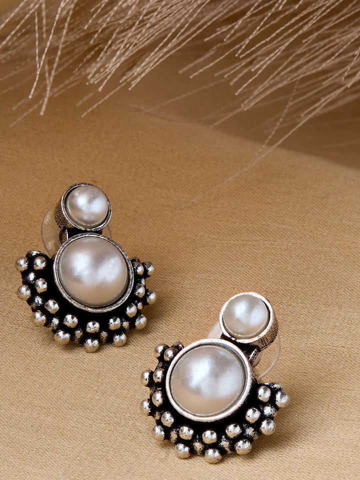 Priyaasi Silver Plated Oxidized Pearl Stud Earrings