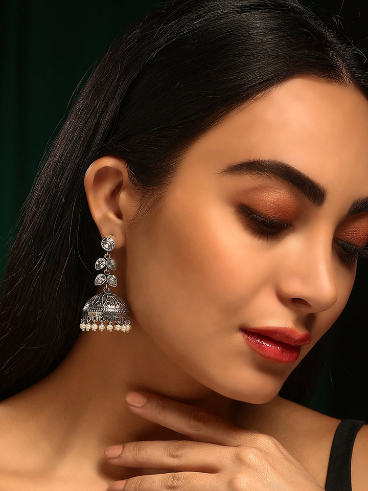 Priyaasi Silver Plated Oxidized Crystal Jhumka Earrings