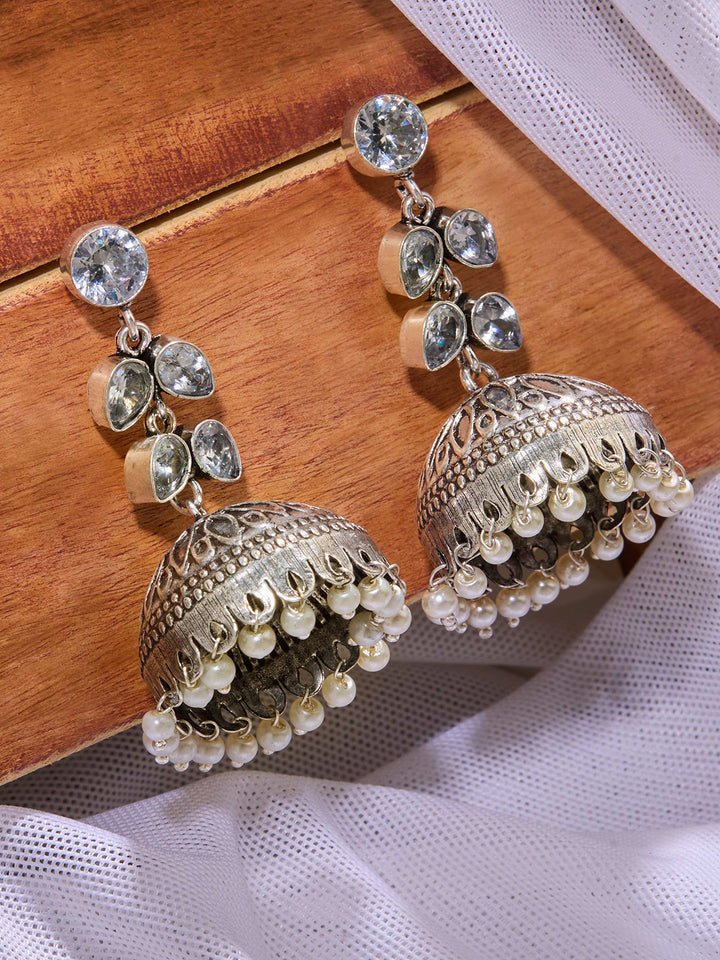 Priyaasi Silver Plated Oxidized Crystal Jhumka Earrings