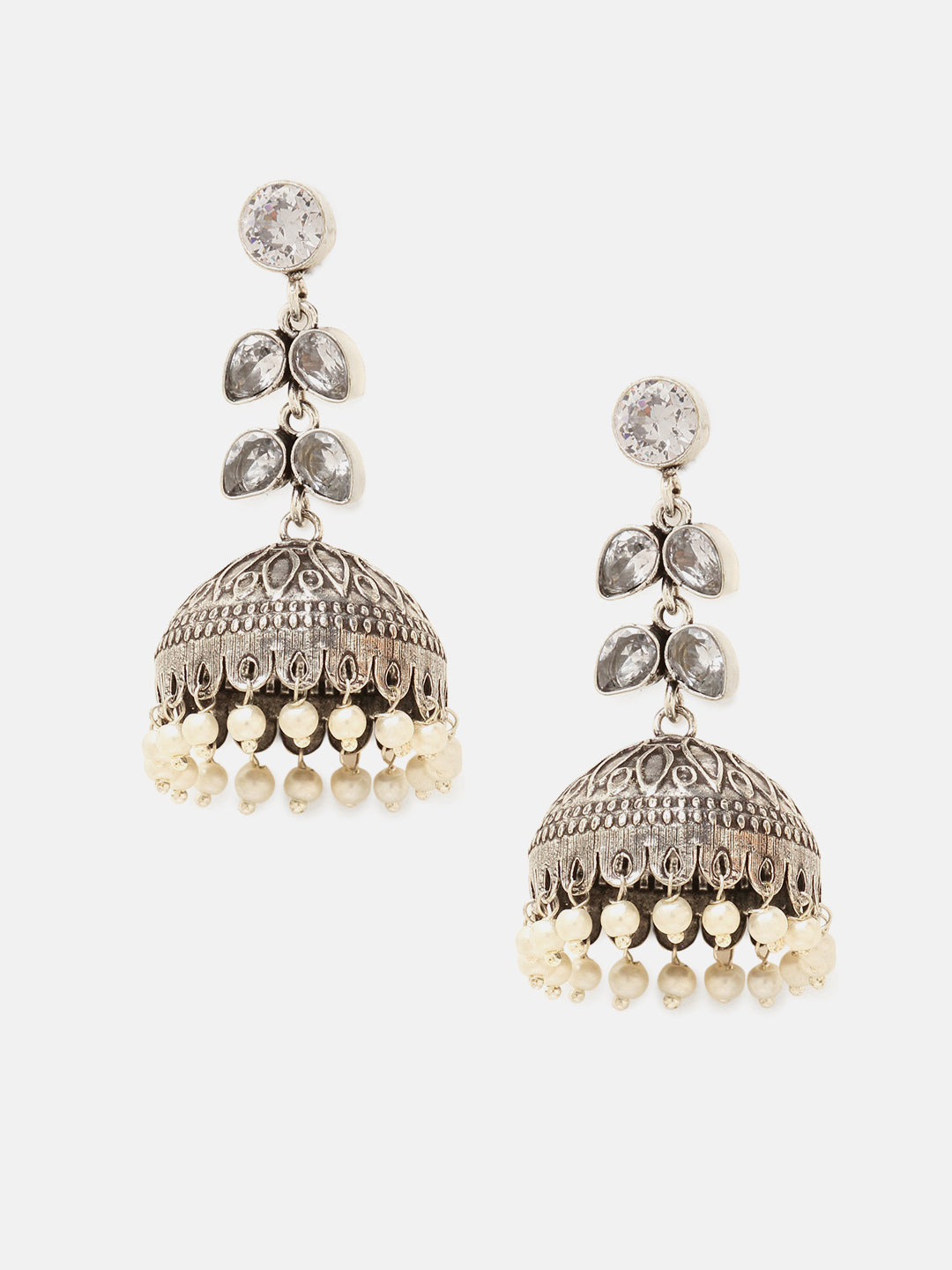 Priyaasi Silver Plated Oxidized Crystal Jhumka Earrings