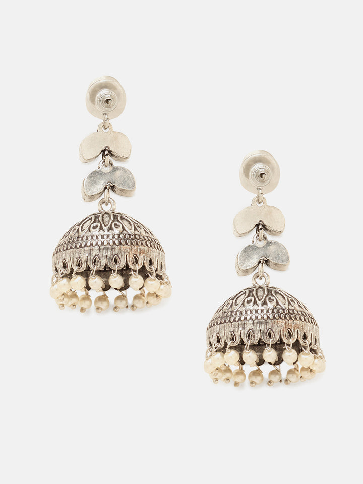 Priyaasi Silver Plated Oxidized Crystal Jhumka Earrings