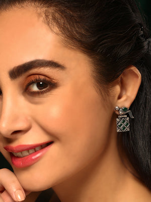 Priyaasi Silver Plated Green Oxidized Emarld Drop Earrings