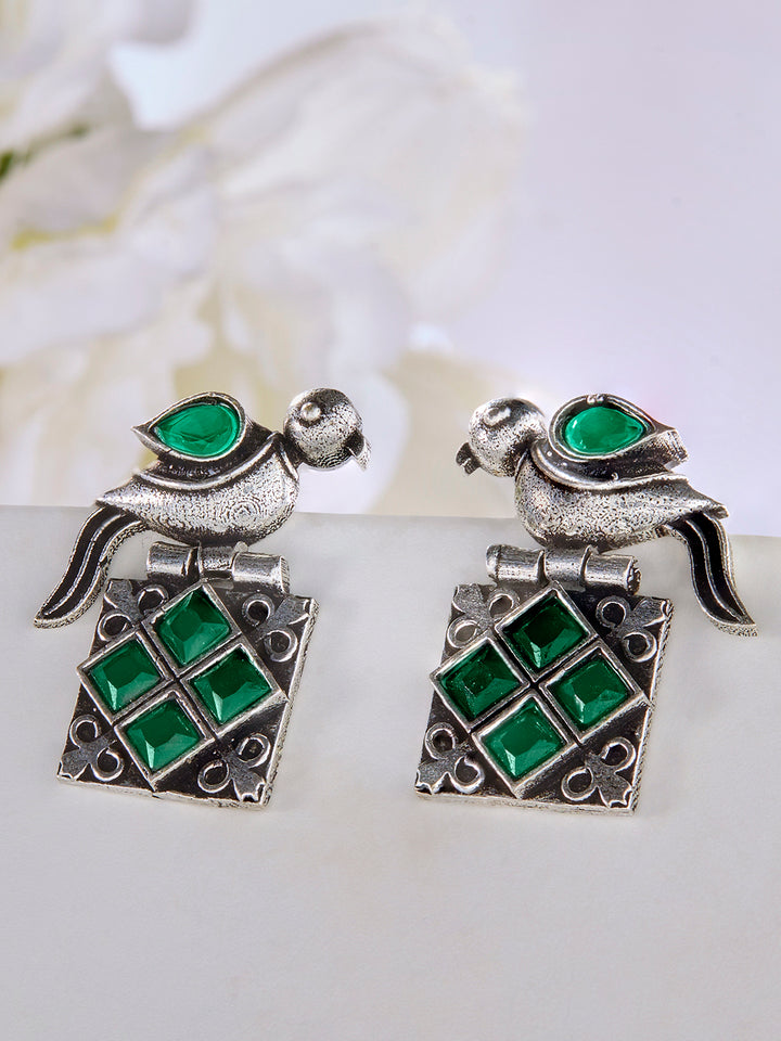 Priyaasi Silver Plated Green Oxidized Emarld Drop Earrings