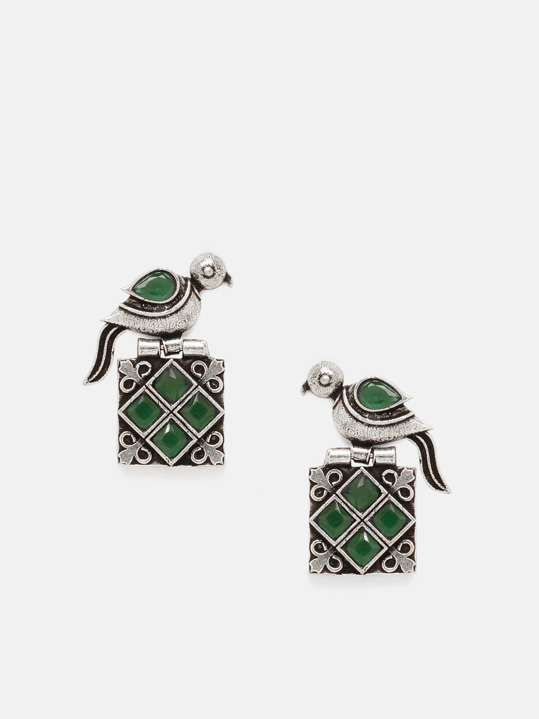 Priyaasi Silver Plated Green Oxidized Emarld Drop Earrings