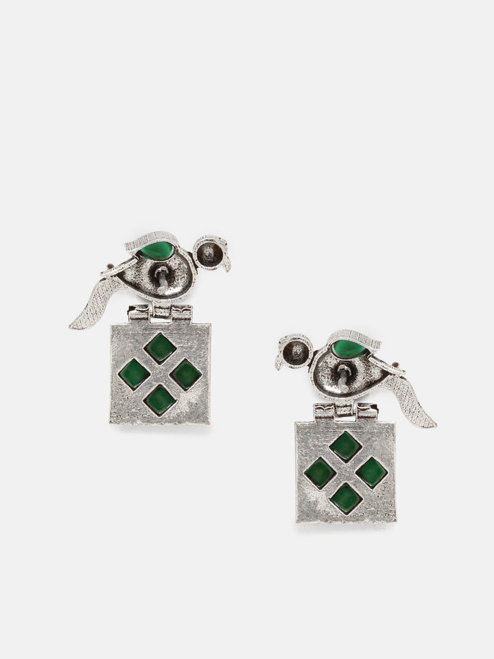 Priyaasi Silver Plated Green Oxidized Emarld Drop Earrings