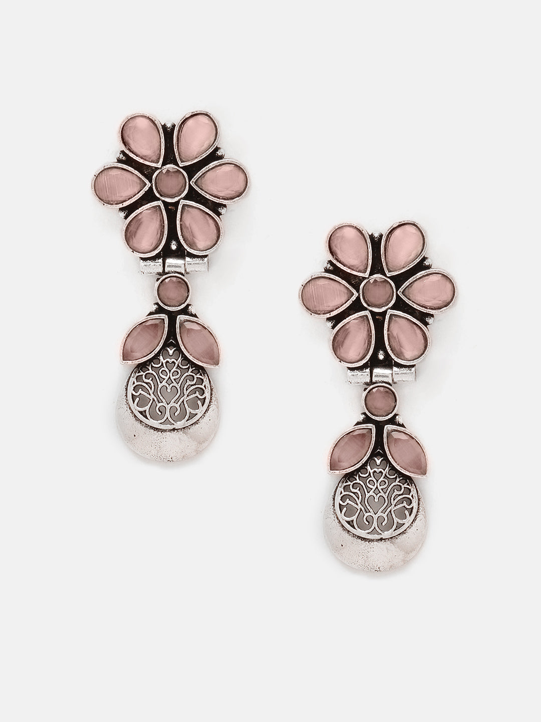 Priyaasi Silver Plated Pink Stonned Oxidized Drop Earrings