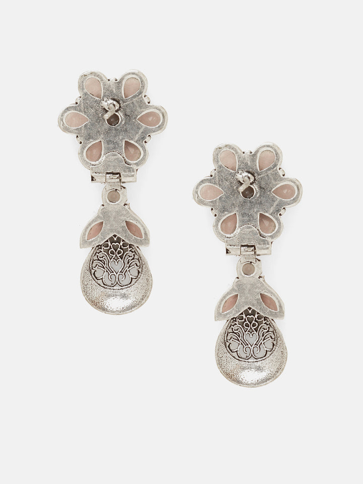 Priyaasi Silver Plated Pink Stonned Oxidized Drop Earrings