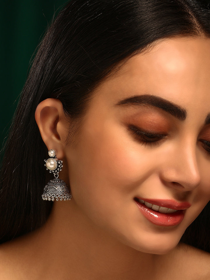 Priyaasi Silver Plated Oxidized Pearl Jhumka Earrings