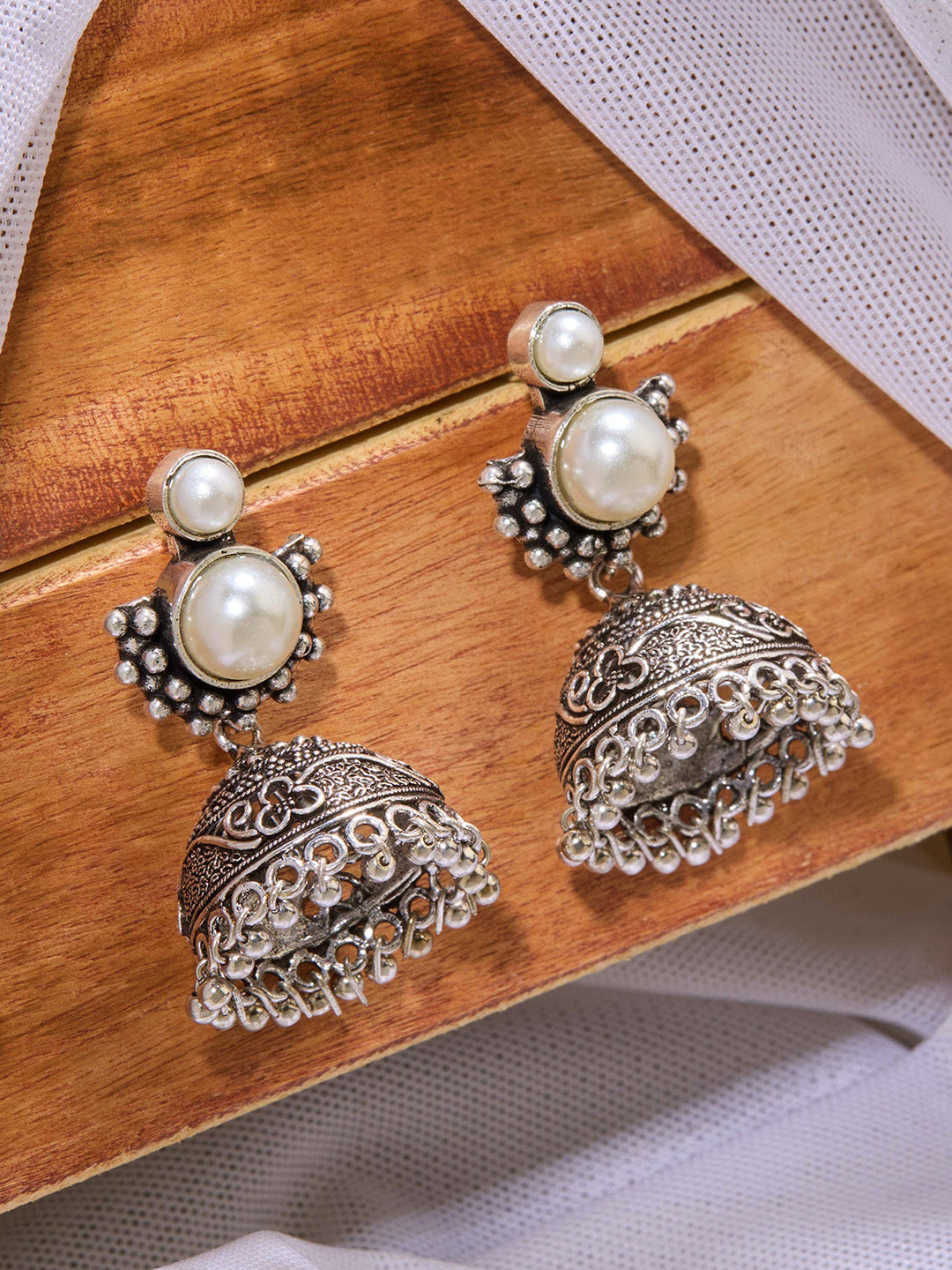 Priyaasi Silver Plated Oxidized Pearl Jhumka Earrings