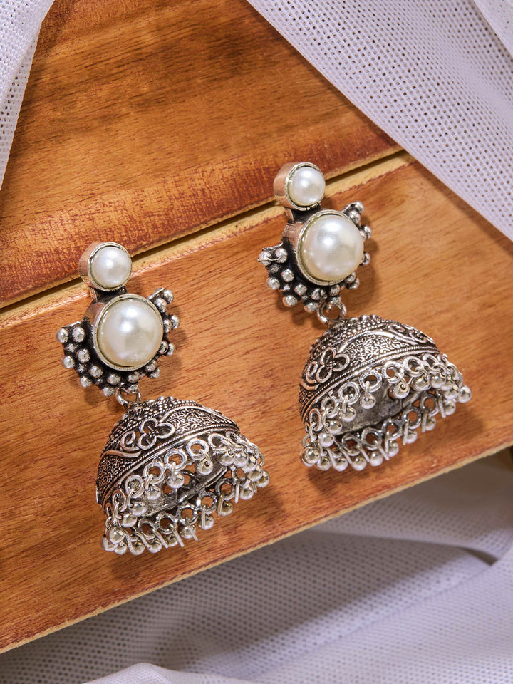 Priyaasi Silver Plated Oxidized Pearl Jhumka Earrings