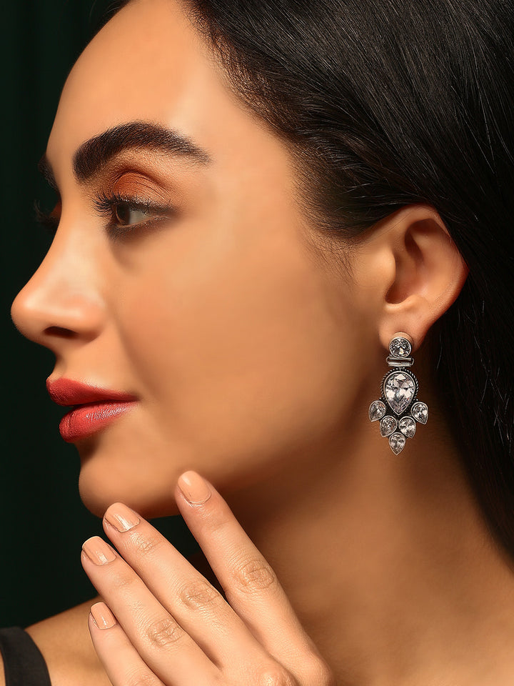 Priyaasi Silver Plated Oxidized Crystal Drop Earrings