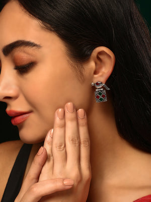 Priyaasi Silver Plated Ruby Green Oxidized Crystal Drop Earrings