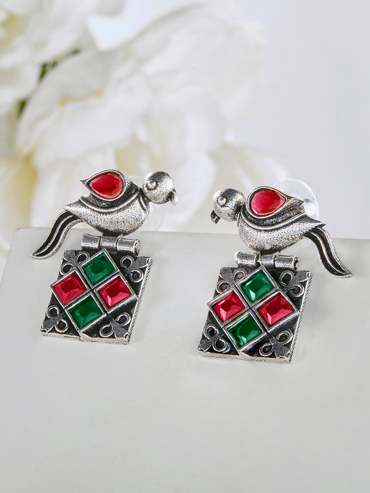 Priyaasi Silver Plated Ruby Green Oxidized Crystal Drop Earrings