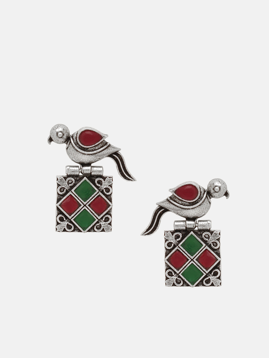 Priyaasi Silver Plated Ruby Green Oxidized Crystal Drop Earrings