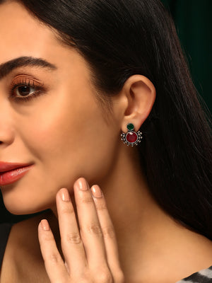 Priyaasi Silver Plated Red Green Oxidized Ruby Stud Earrings