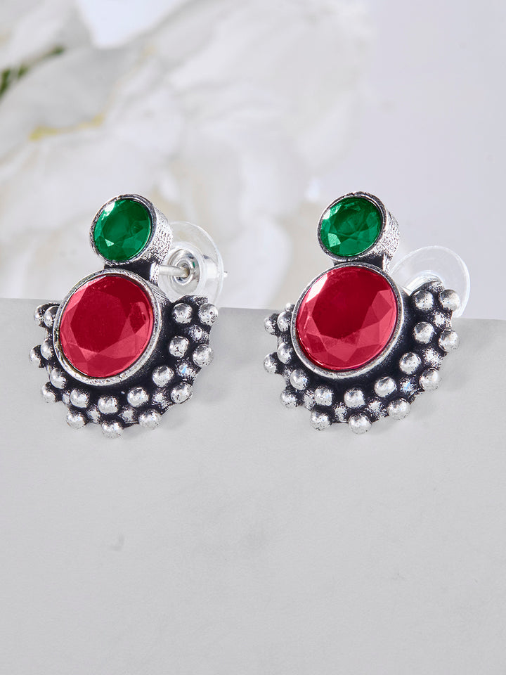 Priyaasi Silver Plated Red Green Oxidized Ruby Stud Earrings