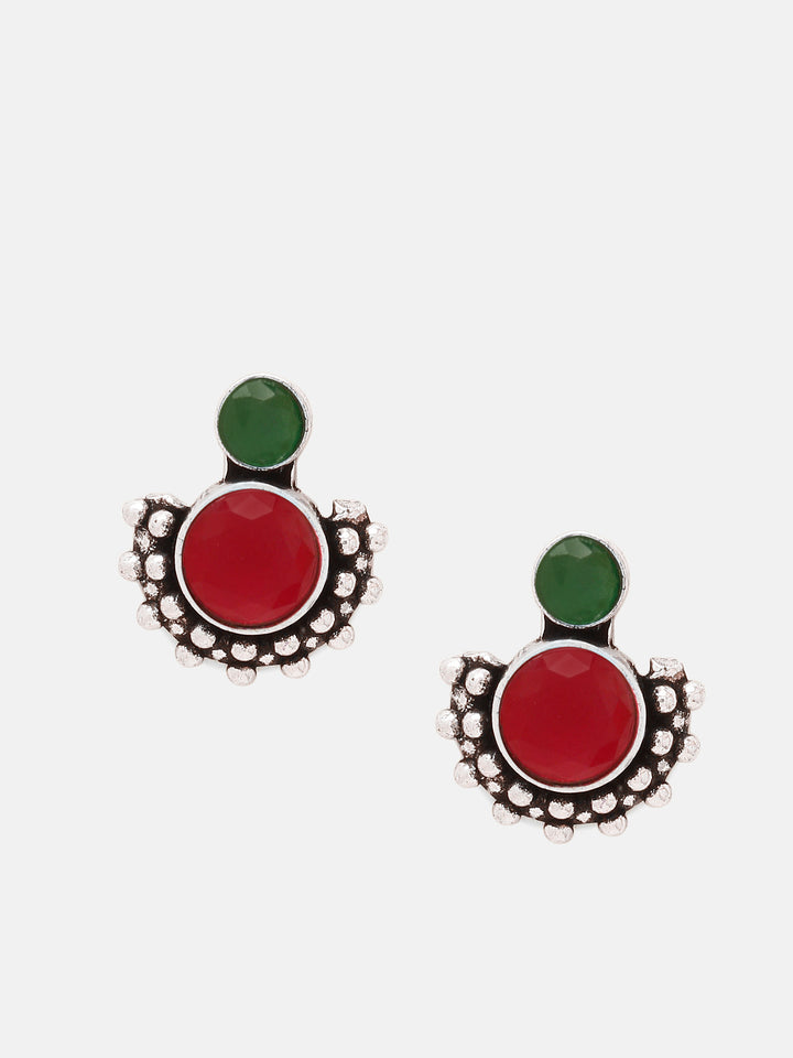 Priyaasi Silver Plated Red Green Oxidized Ruby Stud Earrings