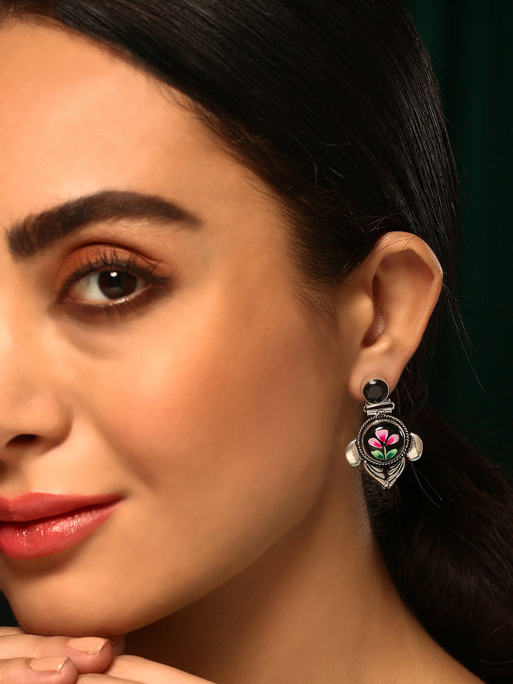 Priyaasi Silver Plated Black Oxidized Floral Kemp Drop Earrings