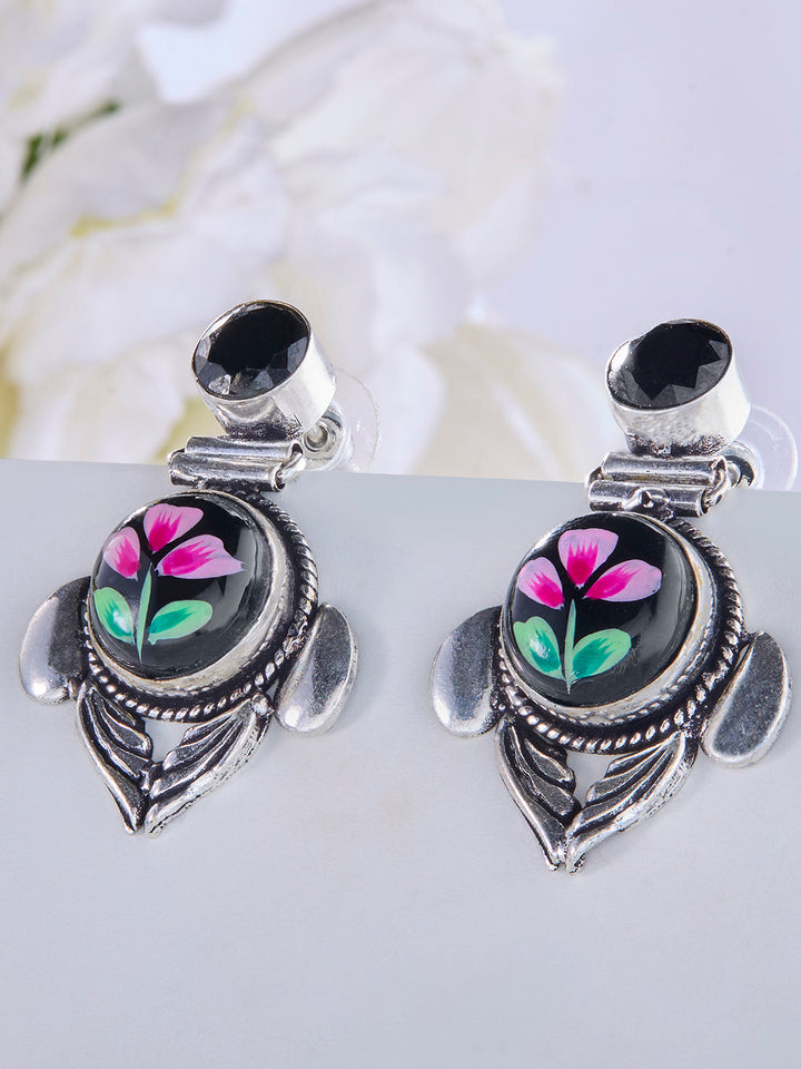 Priyaasi Silver Plated Black Oxidized Floral Kemp Drop Earrings