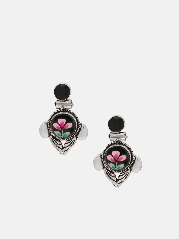 Priyaasi Silver Plated Black Oxidized Floral Kemp Drop Earrings