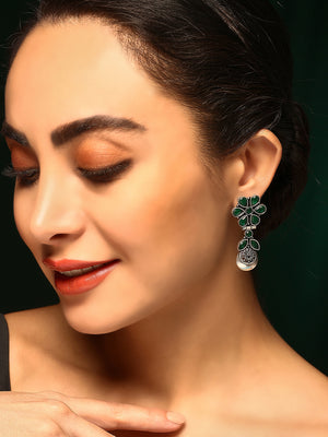 Priyaasi Silver Plated Green Oxidized Emarld Drop Earrings