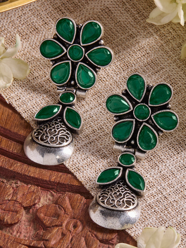 Priyaasi Silver Plated Green Oxidized Emarld Drop Earrings