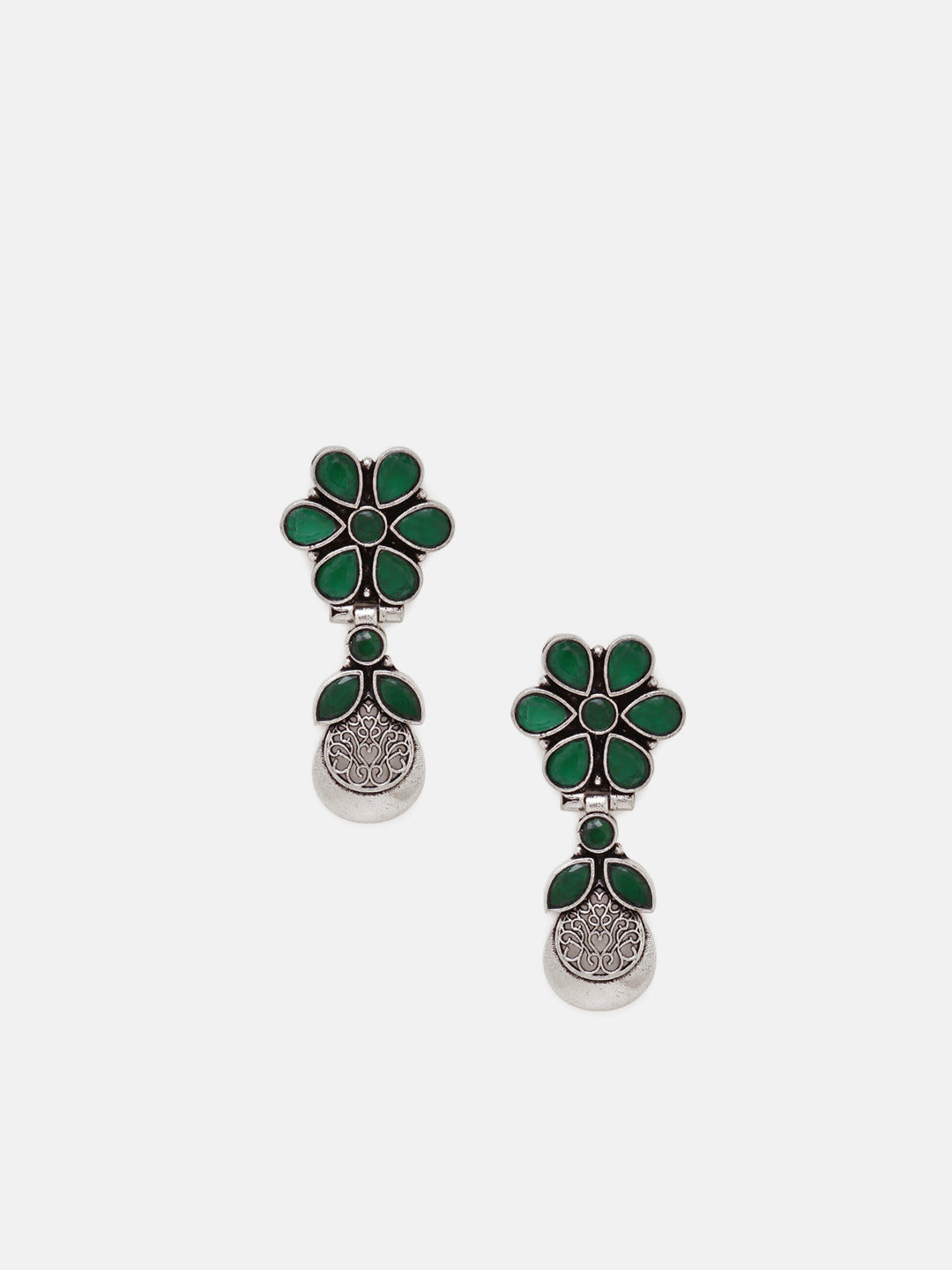 Priyaasi Silver Plated Green Oxidized Emarld Drop Earrings