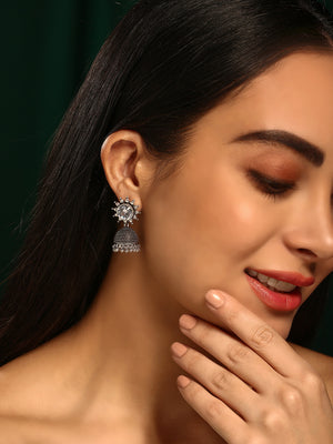 Priyaasi Silver Plated Oxidized Crystal Jhumka Earrings