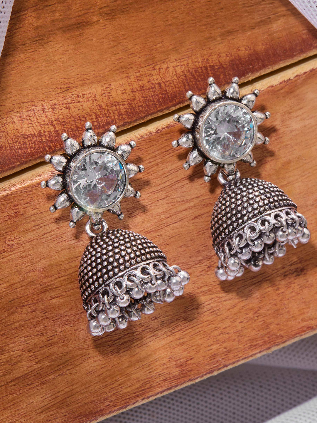 Priyaasi Silver Plated Oxidized Crystal Jhumka Earrings