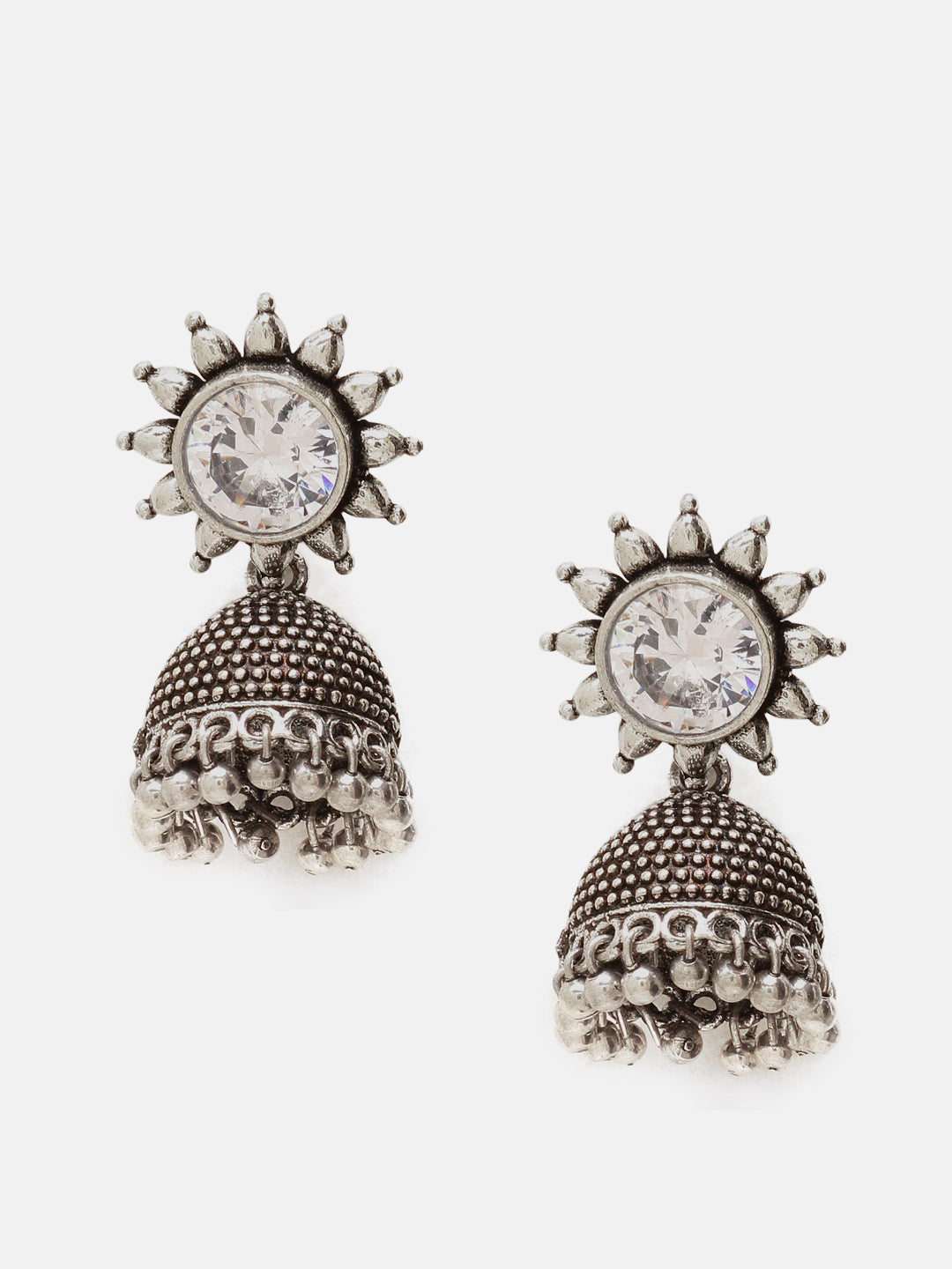 Priyaasi Silver Plated Oxidized Crystal Jhumka Earrings